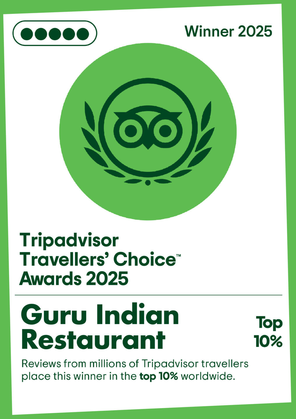 Tripadvisor award for being the top 10% worldwide